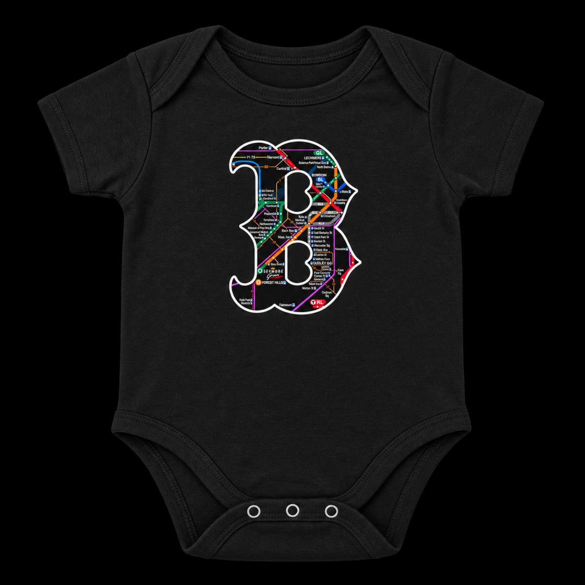 Boston B Transit Map black baby onesie